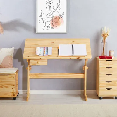 Produktbild von Kinderschreibtisch FLEXI mit Kippfunktion und Höhenverstellung, praktischer Schreibtisch aus massiver Kiefer in natur