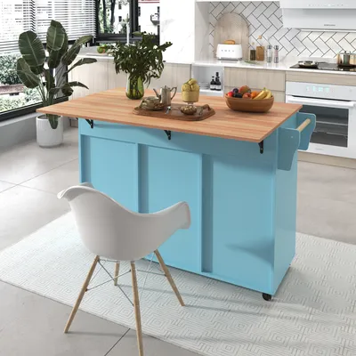 Produktbild von Flieks Servierwagen Kücheninsel mit 2 Schubladen, Küchentrolley Speisewagen mit Klappbar Arbeitsplatte, Küchenwagen mit Regal, 129x46-71x91.5cm, Blau