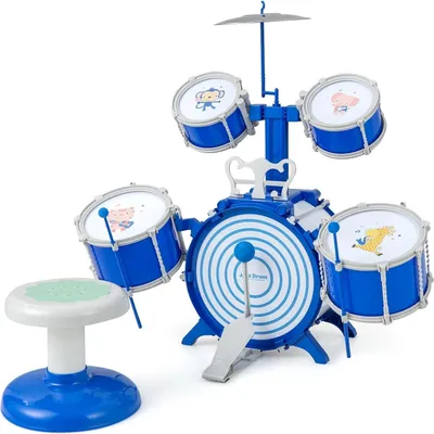 Produktbild von Kinderschlagzeug - Kinder Drumset - Mit Hocker, Notenständer und Fußpedal - Kunststoff - Alter 3–6 Jahre - Blau