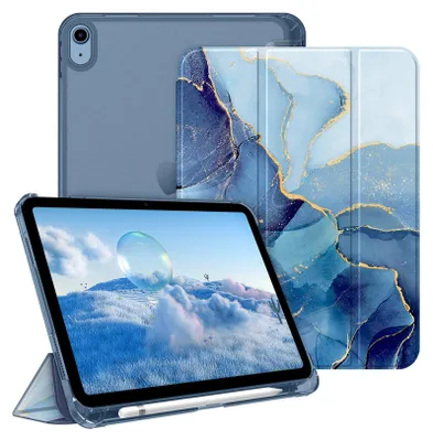 Produktbild von Fintie Hülle für iPad (A16) 11 Generation 11 Zoll 2025, iPad 10 Generation 10.9 Zoll 2022 mit Stifthalter - ultradünne leichte Schutzhülle mit transparenter Rückseite, Auto Schlaf/Wach, Marmor Blau