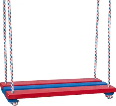 A wooden swing with red and blue planks suspended by ropes against a white background.