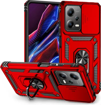Image de Xiaomi Redmi Note 12 Pro 5G étui double couche avec couvercle coulissant pour appareil photo et anneau de support rouge