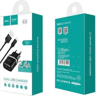 Produktbild von HOCO Ladegerät Dual USB Port 2x 2.4A inkl. micro USB Kabel (1m) schwarz