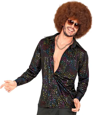 Produktbild von 70er Jahre Retro Herren Disco Hemd Langarm Metallic Druck in Regenbogen Farben, Größe:L/XL