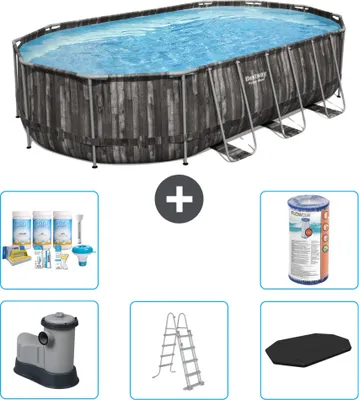 Produktbild von Bestway Oval Power Steel Swimmingpool – 610 x 366 x 122 – Grau – inklusive Pumpe – Leiter – Abdeckung Wartungspaket - Filter