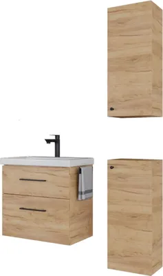 Produktbild von Planetmöbel Badmöbel-Set Waschtisch mit Unterschrank 63 cm & 2X Midischrank für Badezimmer, Gäste Bad & WC, Gold Eiche