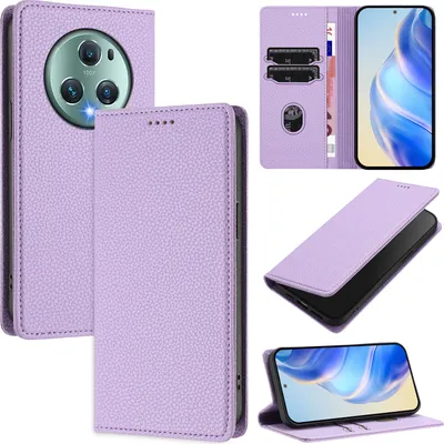 Produktbild von Litchi Leder Handyhülle für Honor Magic5 Pro Wallet Kartenfächer Standfunktion Hülle Violett