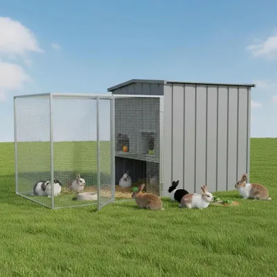 Produktbild von Kaninchenstall Außengehege - Kleintierkäfig - Edelstahl - Belüftet - Abschließbare Tür - 200x91x100 cm - Armeegrün