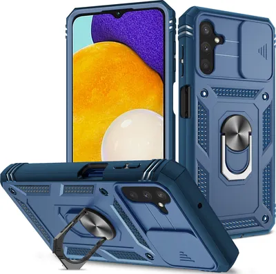 Produktbild von Galaxy A13 5G Hülle, Schiebe Kamera Schutz Robust Schutzhülle mit Ringhalterung Ständer Kartenhalter für Samsung Galaxy A13 5G Blau