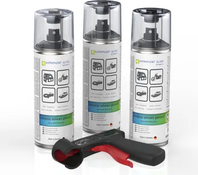 Produktbild von 3x AUPROTEC Lackspray Schwarz glänzend + Pistolengriff AUPROPAINT Sprühlack 400ml