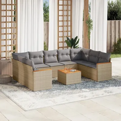Produktbild von Design 10-tlg. Garten-Sofagarnitur mit Kissen Beige Poly Rattan, Gartenmöbel-Sets 2024 Neu