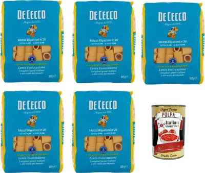 Produktbild von De Cecco Mezzi Rigatoni N°26 100% Italienisch Pasta Nudeln 5x 500g + Italian Gourmet Polpa 400g