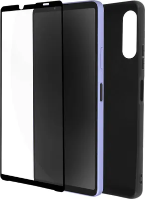 A screen protector and a phone case are displayed side-by-side.