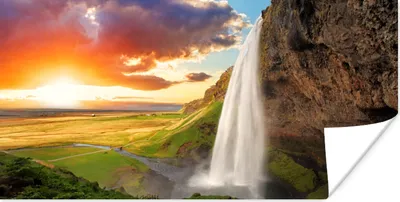 Produktbild von MuchoWow® Poster Wasserfall - Felsen - Sonnenuntergang - Berge - Orange 40x20 cm - Poster für die Wand - Poster Schlafzimmer