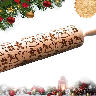 Produktbild von Weihnachts Geprägtes Nudelholz 3D Holz Kinder Teigroller Schneeflocken & Elch - Backzubehör für DIY Weihnachtsplätzchen, Kekse, Fondant, Lebkuchenmann