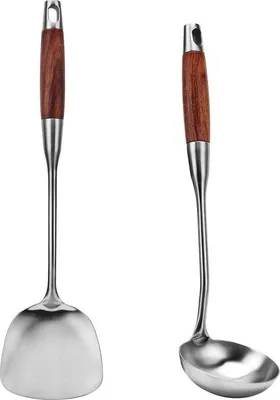 Image de Set de cuisine en acier inoxydable, 2 pièces, résistant à la chaleur, manche en bois