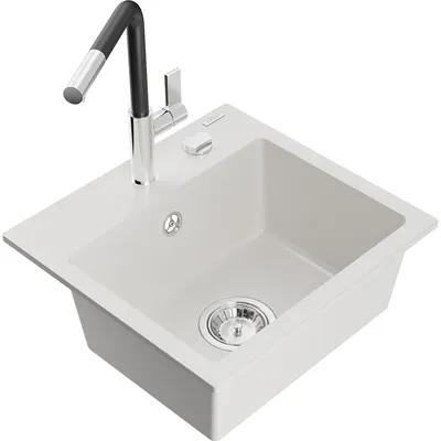 Obrázek produktu pro Mexen Milo 1-miskový granitový dřez s kuchyňskou baterií Flora, Bílá - 6505-20-670401-07