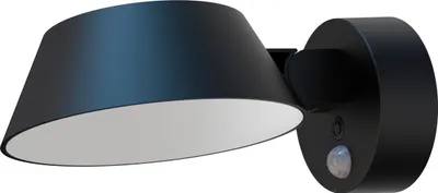 A black outdoor wall light with a motion sensor.