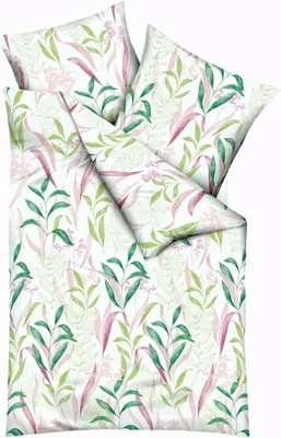 Produktbild von Kaeppel Edel Seersucker Bettwäsche 135x200cm 2 tlg. Fresh Leaves Kiwi Blätter Rosa Grün Blatt