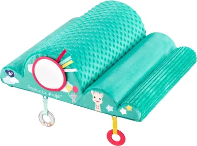 A teal-colored baby activity toy shaped like a cloud with various textures and hanging toys.