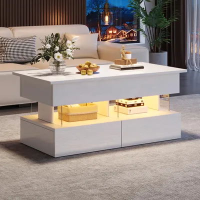 Produktbild von okwish Hochglanz-Couchtisch,Anhebbarer Beistelltisch mit höhenverstellbarer Tischplatte,LED-Leuchten mit mobiler App-Steuerung,kaffeetisch mit 2 Schubladen,Weiß