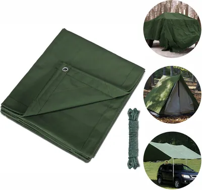 A collage of images showing a folded green tarp, a tarp covering a vehicle, a tent made from a tarp, and a tarp used as a canopy over a car.