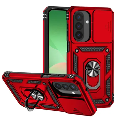 Produktbild von Galaxy A26 / A17 Hülle mit Schiebe Kamera Schutz und Ringhalter Ständer Robust Rüstung Schutzhülle für Samsung Galaxy A26 / A17 5G/4G Rot