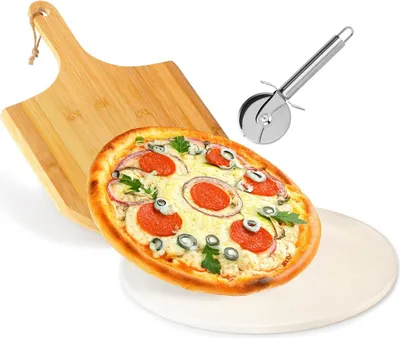 Obrázek produktu pro Vilde | Kámen na pizzu - 3-dílný - Žáruvzdorný - Pizza set s lopatkou a kráječem