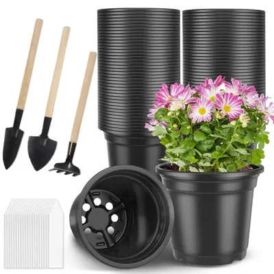Produktbild von Pflanzentöpfe Kunststoff 100er Set 15,2 cm mit Pflanzenetiketten & Gartenwerkzeug