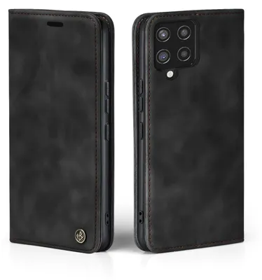 A black flip case for a Samsung Galaxy A42 phone, shown from two angles.