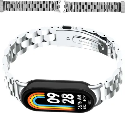 Produktbild von BizonMobile Smartwatch-Armband für Xiaomi Smart Band 9/9 NFC/8 Aura, aus Edelstahl, Silber, magnetische Befestigung, korrosionsbeständig, längenverstellbar (12-16,84 cm), Handgelenkumfang 15-22,5 cm, inkl. Einstellwerkzeug.