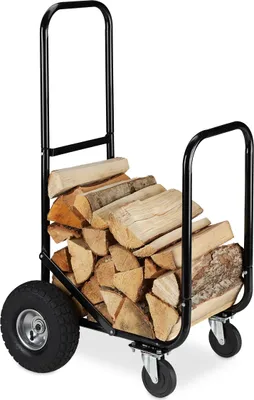 Imagen del producto de Carrito para leña Relaxdays, con 2 ruedas y 2 rodillos, capacidad de hasta 60 kg, carro de acero para leña, ideal para transportar y almacenar leña, color