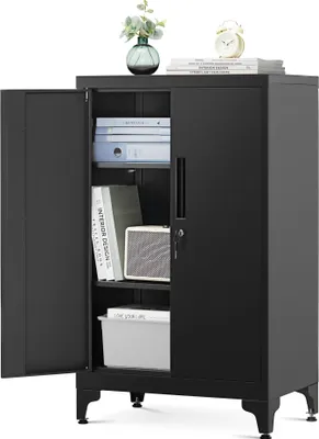 Produktbild von SONGMICS Aktenschrank, Mehrzweckschrank, Büroschrank mit 2 Türen, Schrank abschließbar, aus Stahl Schwarz