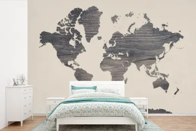 Produktbild von MuchoWow® Fototapete für Wohnzimmer oder Schlafzimmer Wandtapete Vinyl Motivtapete Weltkarte - Grau - Holz - 420x280 cm - Zimmer für Kinder