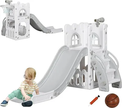 Image de Toboggan pour enfants, 5 en 1, toboggan pour tout-petits avec panier de basket, structure d'escalade télescopique, panier de rangement. Toboggan avec panier de basket pour enfants de 1 à 3 ans, pour intérieur, couleur grise, dimensions : 70 x 177 x 92 cm