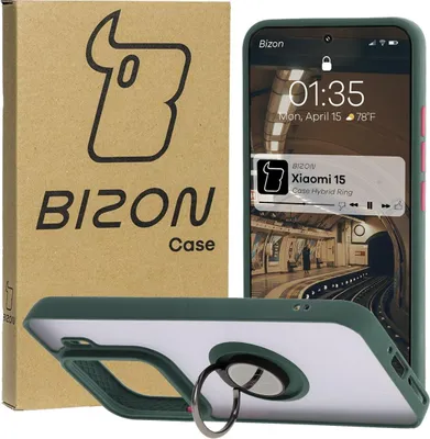Produktbild von Bizon Case Hybrid Ring Fingerringhülle für Xiaomi 15, Rauch mit dunkelgrünem Rahmen