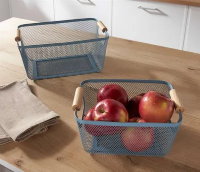 Produktbild von 2x Aufbewahrungskorb "Blue" aus Metall in blau, Drahtkorb, Bambusgriffe, Ordnungsbox, Obstkorb