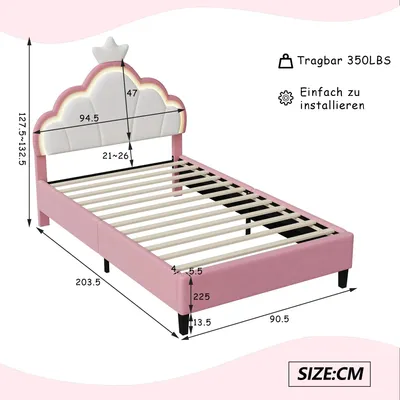 Zdjęcie produktu dla Łóżko dziecięce - łóżko tapicerowane 90 x 200 cm - oświetlenie LED - wzór z motywem korony - regulowane zagłówki - miękka obicie z aksamitu - kolor różowy