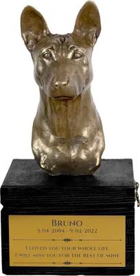 Produktbild von Basenji, Kongo-Terrier - eine Urne mit Gravur und Hundeskulptur, letzter Abschied, handgefertigtes Produkt der Marke Art-Dog