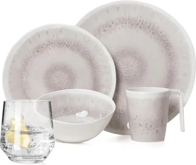 Produktbild von Melamin Camping Geschirr Set 4 Personen Amboss Design 16 Teilig + Milano Gläser Wassergläser Tafelgeschirr Picknick BBQ Kochgeschirr