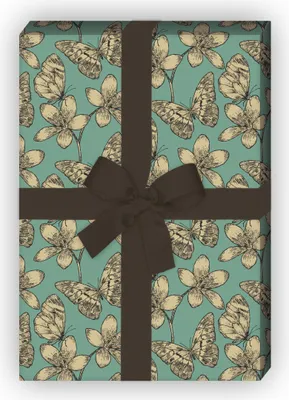 Produktbild von Wunderhübsches Schmetterlings Geschenkpapier mit Blüten, türkis - G8617, 32 x 48cm