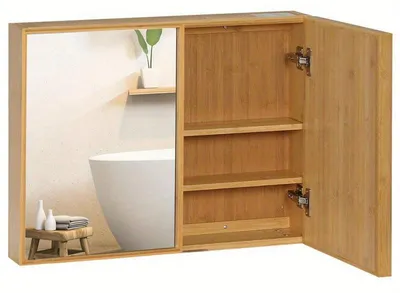Image de Armoire de salle de bain avec portes miroir et étagères coulissantes - Bois et métal - 65,2 x 14 x 50 cm