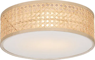 A close-up, studio shot of a round ceiling light with a rattan shade and a white diffuser.