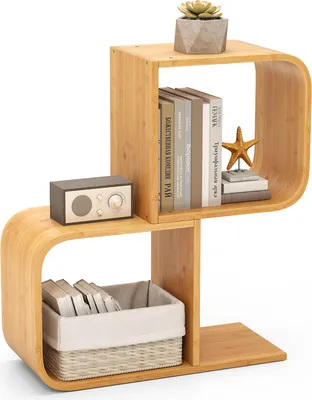 Produktbild von GOPLUS S-förmiges Bücherregal aus Bambus, Stufenregal klein mit offenen Fächern, Treppenregal Aufbewahrungsregal Büroregal, Natur (2 Ebenen)