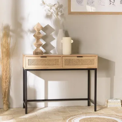 Image de MARCEAU - Console en bois 2 tiroirs cannage naturel pieds métal noir