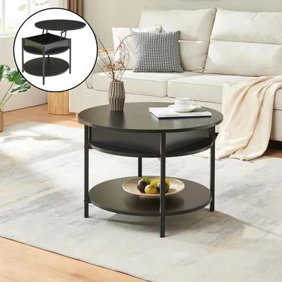 A round coffee table with a lift-top is shown in a living room setting, next to a sofa.