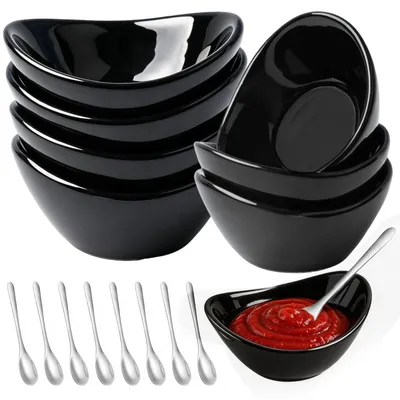 8er Set Keramik-Dip-Schalen 60 ml mit 8 Löffeln, schwarz