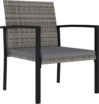 A single outdoor chair with a grey rattan weave and black metal frame, placed on a white background.
