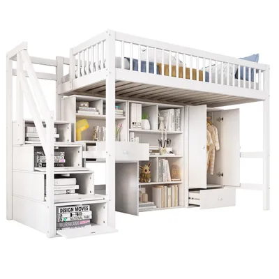 Produktbild von Kinderbett, Einzelbett, multifunktionales Kinderbett ,Mit Schreibtisch&Treppe&Schließfächern&Kleiderschrank,ohne Matratze,massivholz+MDF