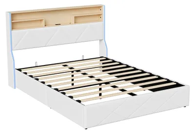 Produktbild von Doppelbett - Polsterbett 140x200 cm - Kopfteil mit Stauraum und USB - LED-Beleuchtung - Lattenrost - 350 kg - Weiß